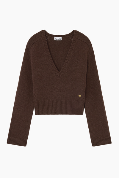 Wool Yak Mix Deep V-neck K2614 - Shaved Chocolate - GANNI