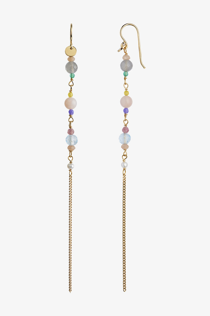 Long Earring with Stones and Chain - Gold - Stine A