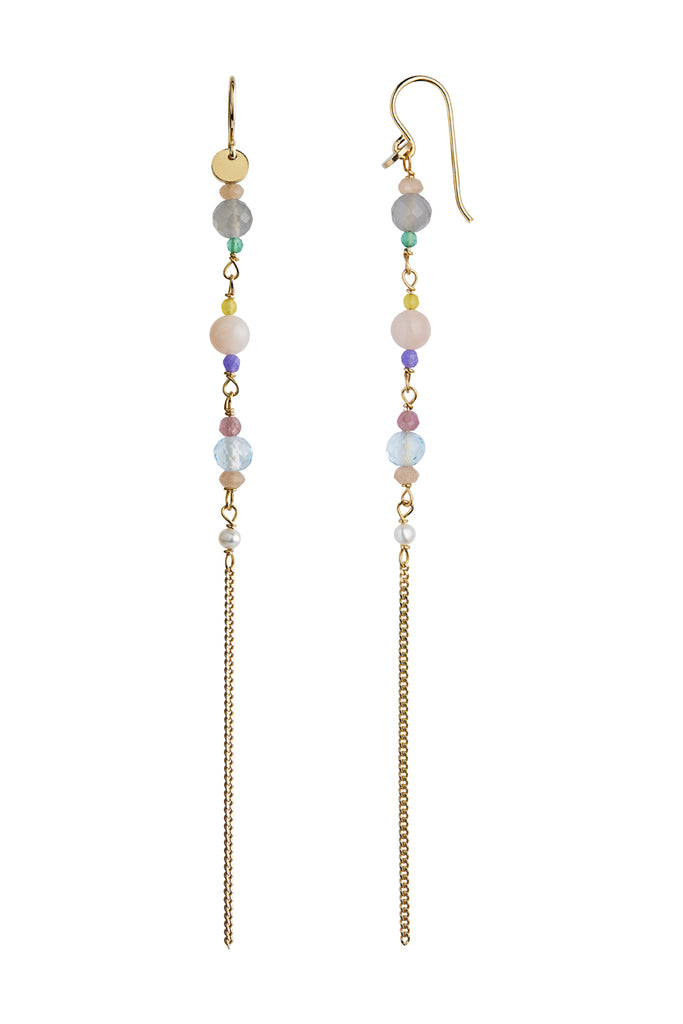 Long Earring with Stones and Chain - Gold - Stine A