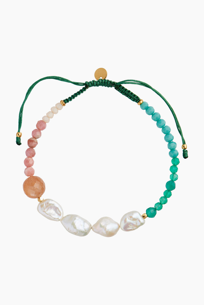 Powder Fall Bracelet With Stones And Pearls And Pine Green Ribbon - Multi - Stine A