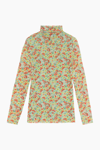 Printed Mesh Long Sleeve Fitted Rollneck - Meadow Celadon Green - GANNI