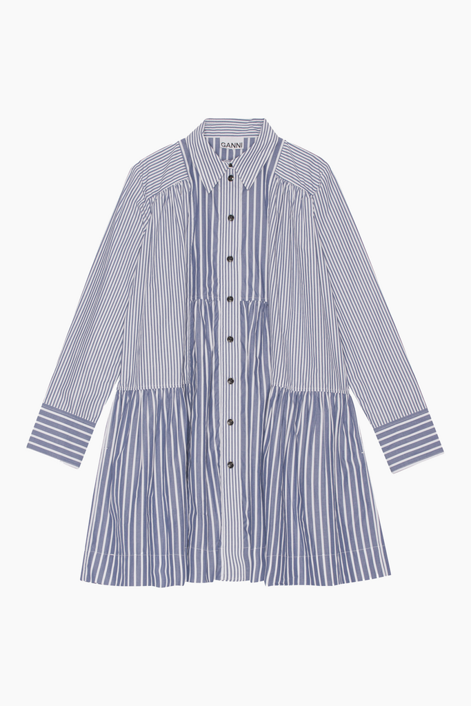 Stripe Cotton Wide Mini Shirt Dress - Gray Blue - GANNI
