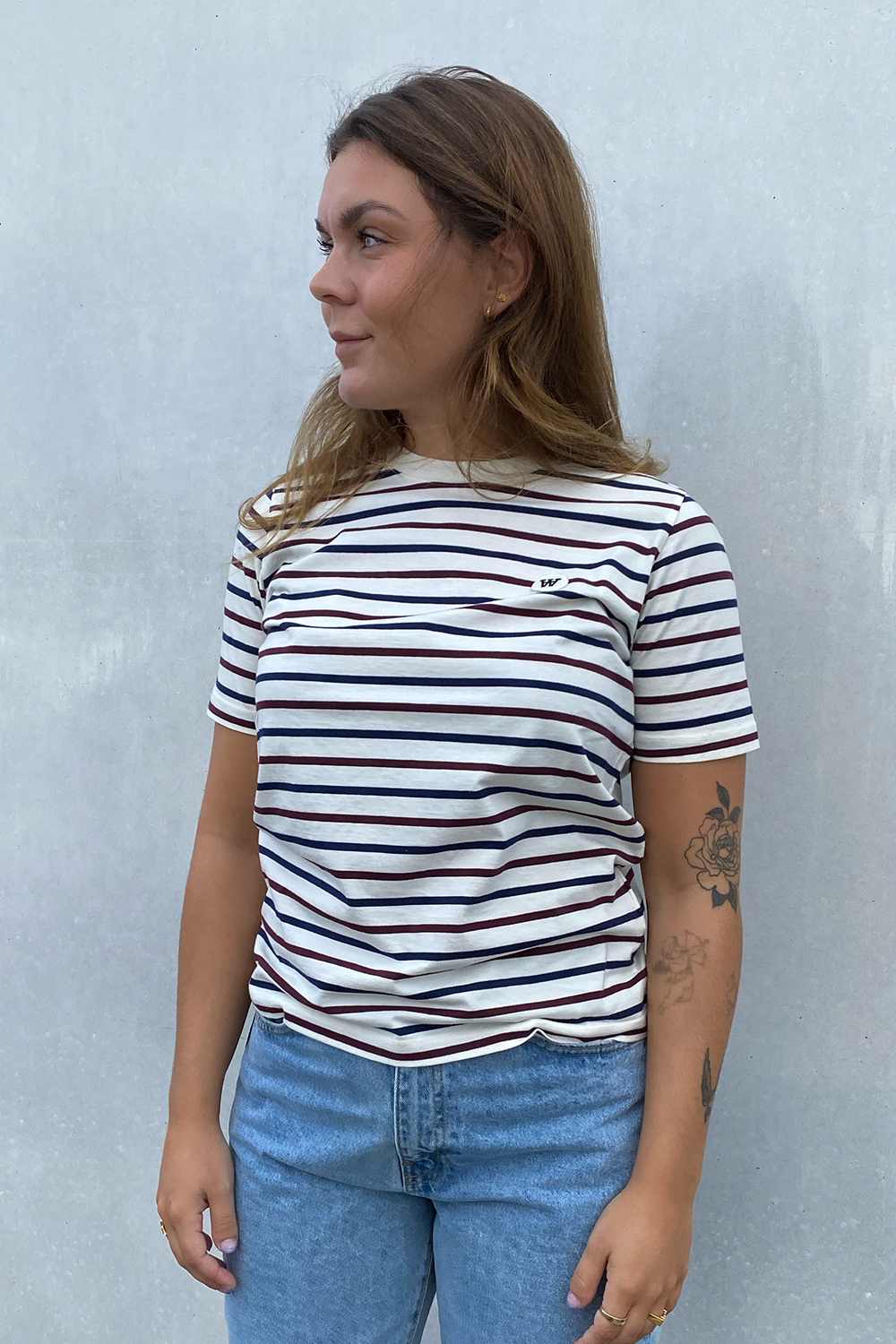 Mia Stripe T-Shirt - Off-White/Burgundy Stripe - Wood Wood