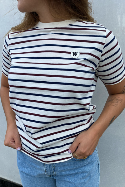 Mia Stripe T-Shirt - Off-White/Burgundy Stripe - Wood Wood